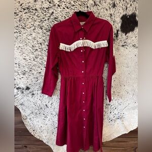 Vintage 80s PS Gitano Medium Western Fringe Red Dress Pearl Snaps Midi Cowgirl